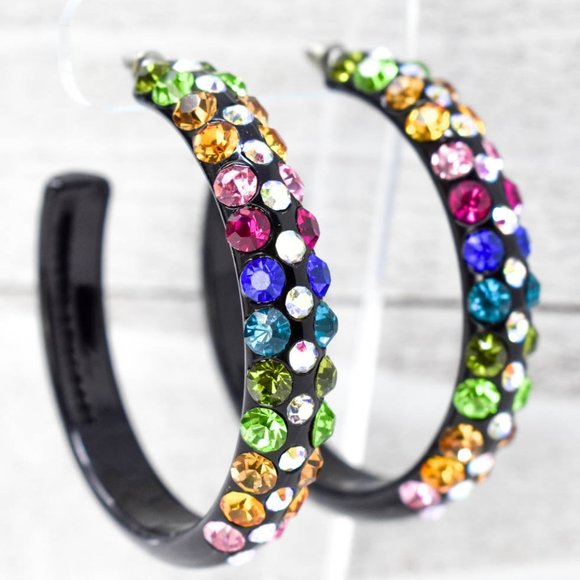 2.5" Black Multicolor Rhinestone Hoop Earrings - Picture 2 of 7
